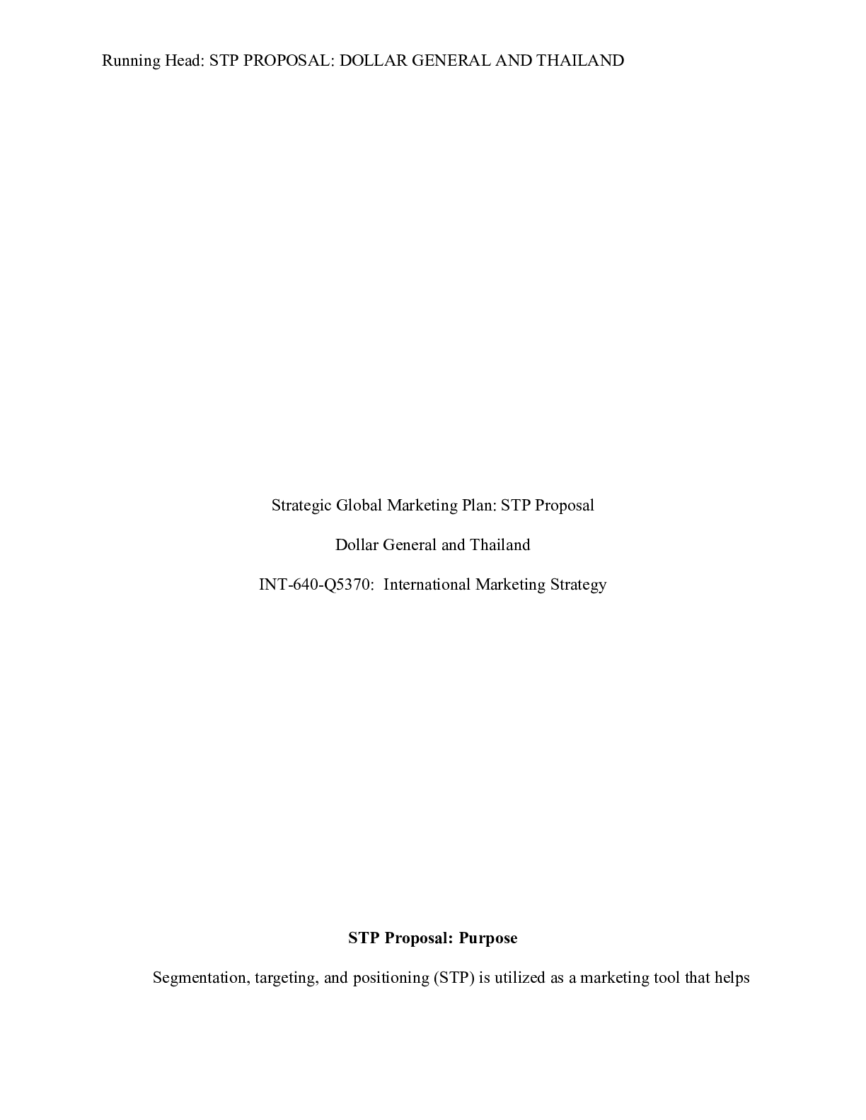 Preview image for INT 640 STP Proposal|    Strategic Global Marketing Plan: STP Proposal  Dollar General